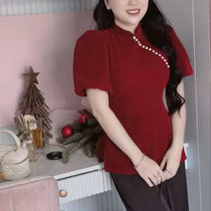 Set Quần Dài Tuyết Nhung Phối Áo Cổ Tàu Đính Cườm Ngực Sht1053 - Nana House