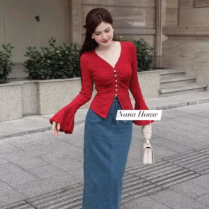 Set Áo Xốp Đính Nút Tay Xòe Phối Chân Váy Denim Bt1144 - Nana House