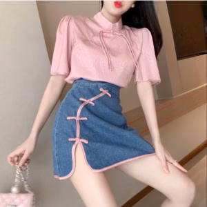 Set Áo Gấm Nút Tàu Phối Chân Váy Denim (Có Lót Quần Trong)Sh1055 - Sam Store