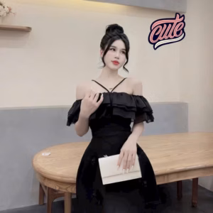 Đầm Taffta Bẹt Vai Cột Dây Cổ Phối Tơ Đính Đá Hoa(Có Mút & Lót Quần Trong)Bh956- Nana House