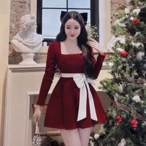 Đầm Nhung Cổ Vuông Tay Dài Đính Nơ Bh951- Nana House