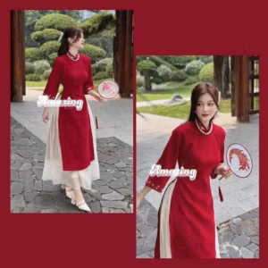 Set Áo Dài Cách Tân Nhung Cổ Tay Thêu Hoa Phối Chân Váy Tơ Bh1302- Nana House