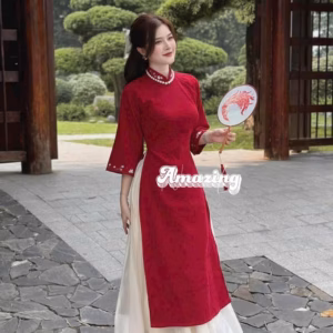 Set Áo Dài Cách Tân Nhung Cổ Tay Thêu Hoa Phối Chân Váy Tơ Q40- Sam Store