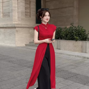 Sét Áo Dài Tuyết Nhung Xẻ Tà Đính Nút Bọc Bh1106- Nana House