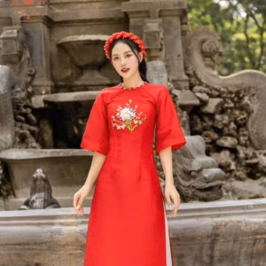 Set Áo Dài Tafta Thêu Hoa Cổ Đính Ngọc Quần Tuyết Nhung Sh1204- Sam Store