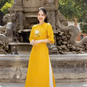 Set Áo Dài Tafta Thêu Hoa Cổ Đính Ngọc Quần Tuyết Nhung Bh1206- Nana House