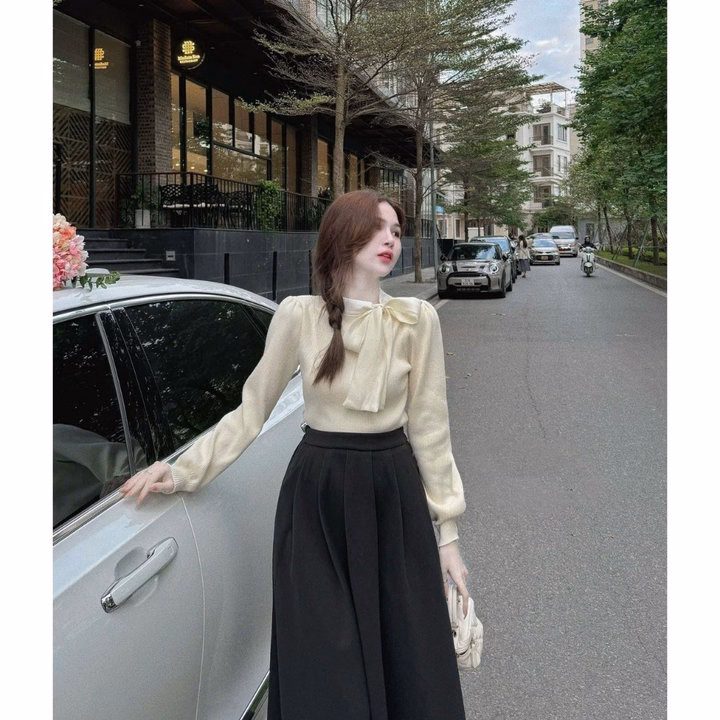 Áo Len Cổ Phối Dây Voan Buộc Nơ To Dịu Dàng Nữ Tính Dành Cho Bạn Nữ Slcxa244 - Chipxinhxk - Ảnh 2