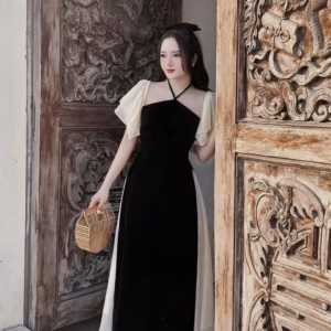 Set Áo Dài Nhung Tay Phối Voan Mix Chân Váy Tơ 2 Lớp Q45- Sam Store
