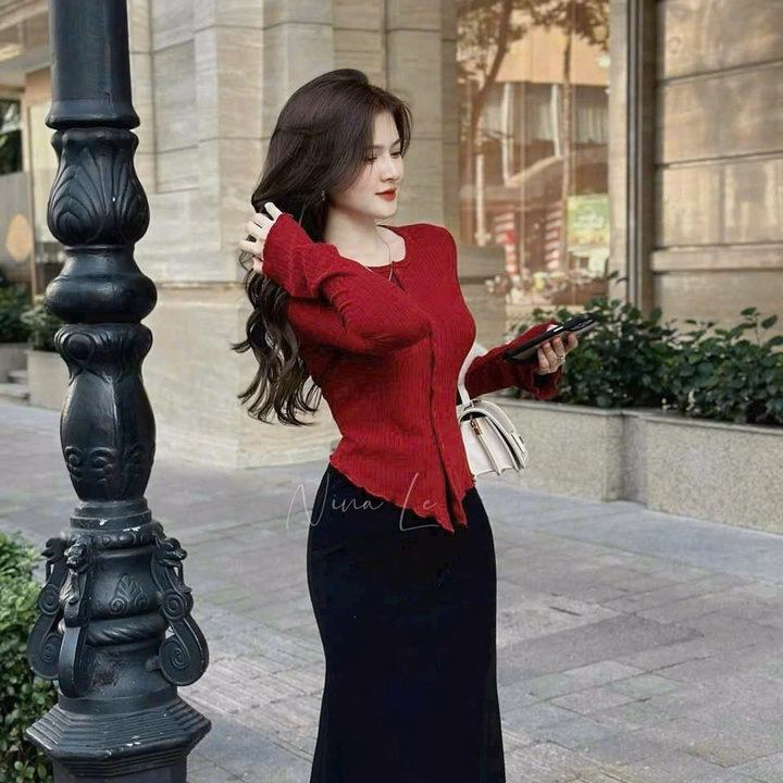 Set Áo Tay Dài Cài Nút Phối Chân Váy Thun Gân Tăm Sh851- Sam Store