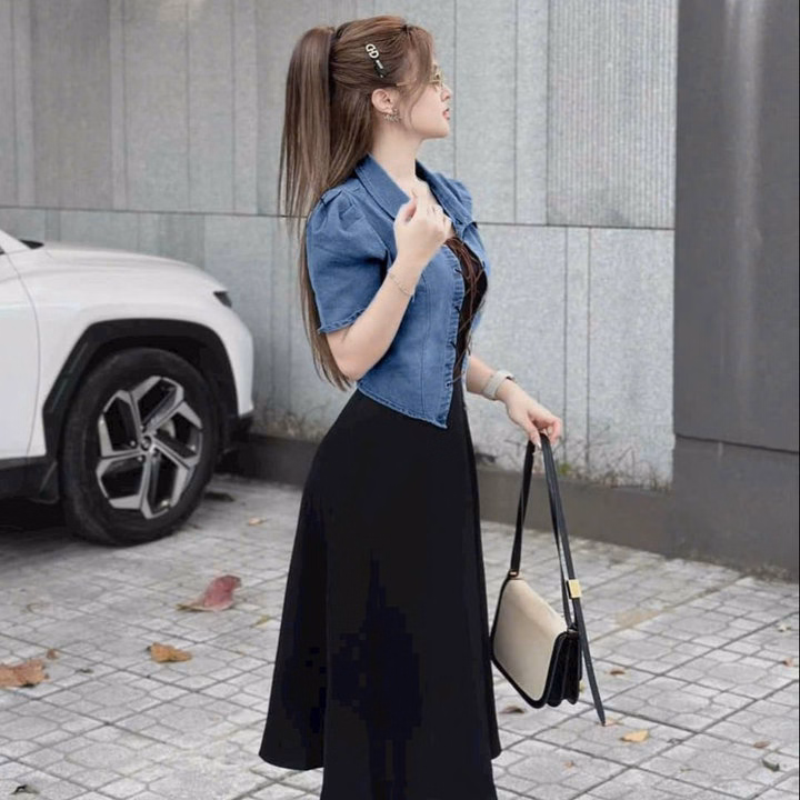 Set Đầm Thun Gân Kèm Áo Khoác Denim Bh1001- Nana House - Ảnh 5