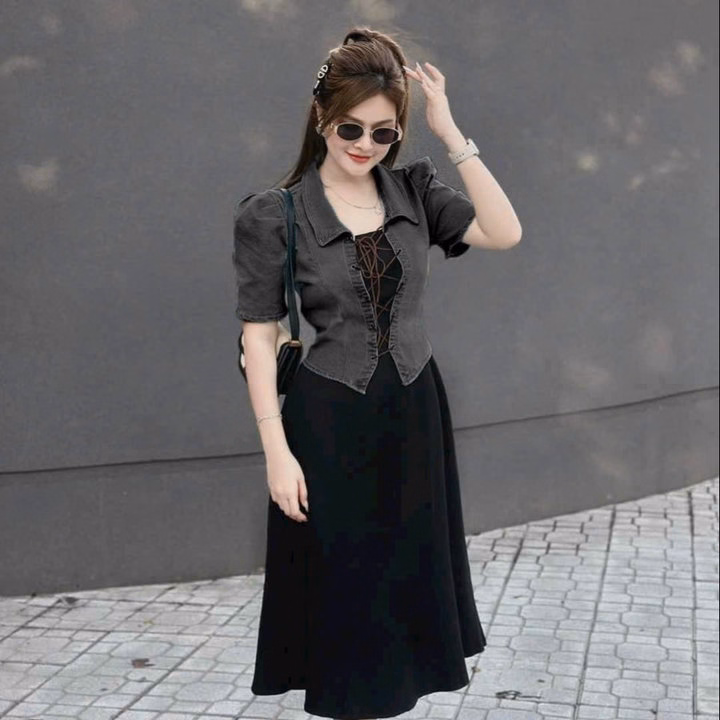 Set Đầm Thun Gân Kèm Áo Khoác Denim Bh1001- Nana House - Ảnh 2