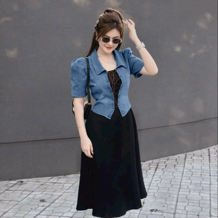 Set Đầm Thun Gân Kèm Áo Khoác Denim Bh1001- Nana House