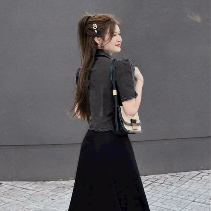 Set Đầm Thun Gân Kèm Áo Khoác Denim Bh1001- Nana House - Ảnh 4