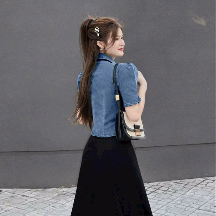 Set Đầm Thun Gân Kèm Áo Khoác Denim Bh1001- Nana House - Ảnh 3