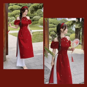 Set Áo Dài Cách Tân Nhung Cổ Yếm Đính Phụ Kiện Q17-Sam Store