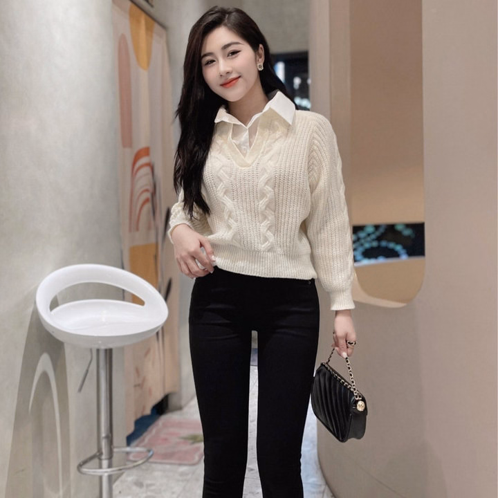 Áo Len Dài Tay Phối Cổ Sơ Mi Họa Tiết Vặn Thừng Dành Cho Bạn Nữ Slcxa247 - Chipxinhxk - Ảnh 2