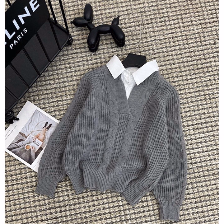 Áo Len Dài Tay Phối Cổ Sơ Mi Họa Tiết Vặn Thừng Dành Cho Bạn Nữ Slcxa247 - Chipxinhxk - Ảnh 7