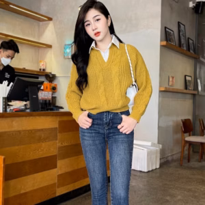 Áo Len Vặn Thừng Phối Cổ Sơ Mi Thời Trang, Năng Động Dành Cho Bạn Nữ Sldca247 - Diepchi Fashion