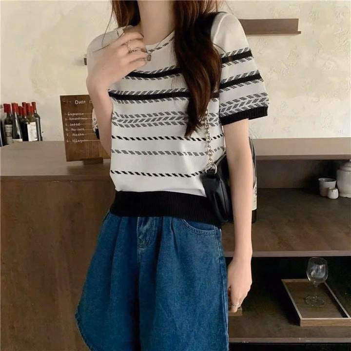 Áo Len Cộc Tay Cổ Tròn In Họa Tiết Xương Cá Trẻ Trung, Năng Động Dành Cho Bạn Nữ - Chipxinhxk - Ảnh 5