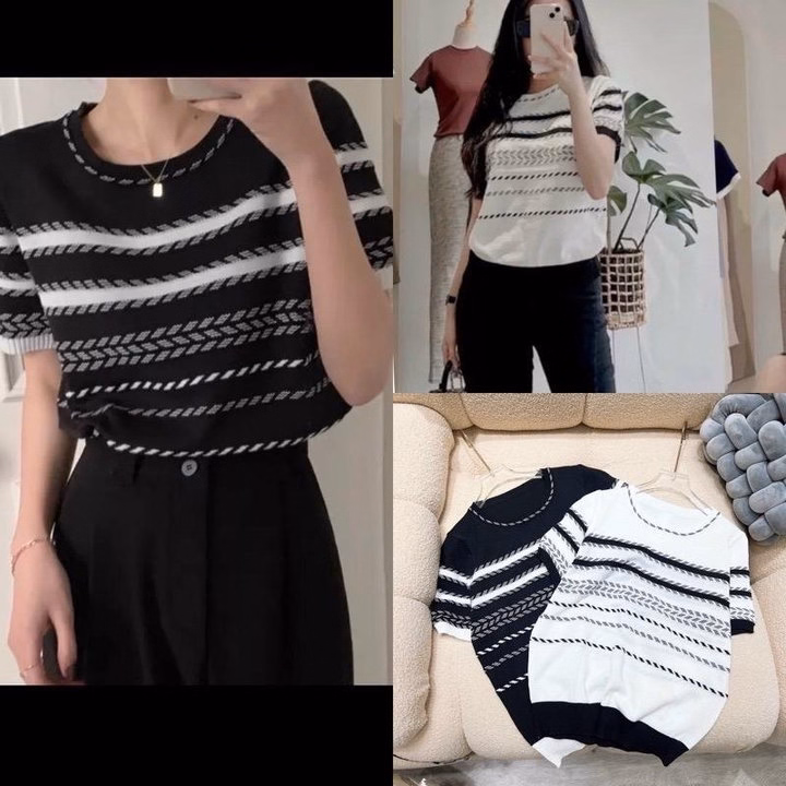 Áo Len Cộc Tay Cổ Tròn In Họa Tiết Xương Cá Trẻ Trung, Năng Động Dành Cho Bạn Nữ - Chipxinhxk - Ảnh 3