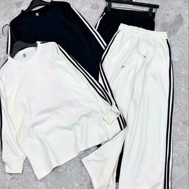 Set Đồ Nam Nữ Unisex 2 Món Áo Sweater & Quần Baggy 3 Sọc Thun Tổ Ong - Ausa House - Ảnh 2