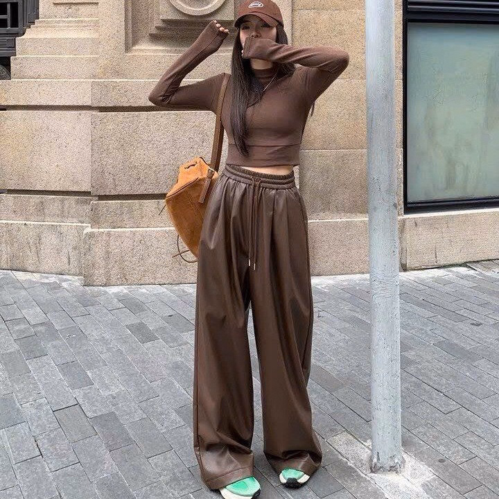 Quần Baggy Nam Nữ Unisex Da Pu Ống Rộng Co Giãn - Ausa House - Ảnh 7