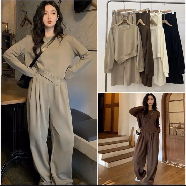 Set Đồ Nữ Áo Vạt Nhọn Kèm Quần Ống Suông Thun Nỉ Tăm - Ausa House