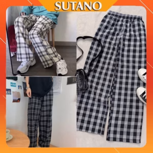 Quần Dài Kẻ Caro Ống Rộng Cạp Cao Lưng Chun