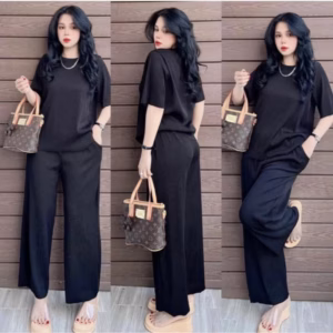 Sét Quần Ống Rộng Cạp Chun Đen Hack Dáng + Kèm Áo Phông Trơn Cotton Khô 3158 Loại 1