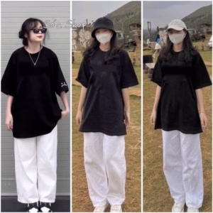 Sét Quần Kaki Trắng Ống Rộng Cạp Chun +Áo Phông Trơn Cotton Khô 3158 Loại 1