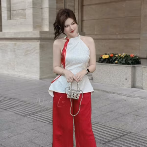 Set Quần Ống Rộng Cotton Lạnh Phối Áo Gấm Cổ Tàu Cột Dây Ruy Băng Bh1002-Nana House