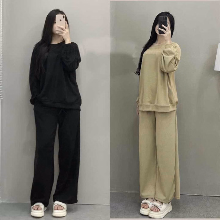 Set Đồ Nữ Thun Nỉ Tăm Áo Dài Tay Phối Quần Dài Suông - Ausa House - Ảnh 3