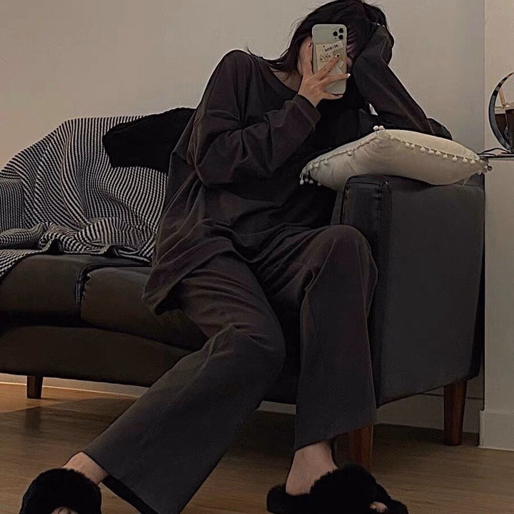 Set Đồ Nữ Thun Nỉ Tăm Áo Dài Tay Phối Quần Dài Suông - Ausa House - Ảnh 4