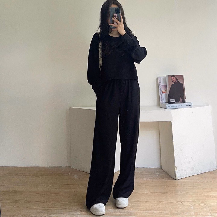 Set Đồ Nữ Thun Nỉ Tăm Áo Dài Tay Phối Quần Dài Suông - Ausa House - Ảnh 5