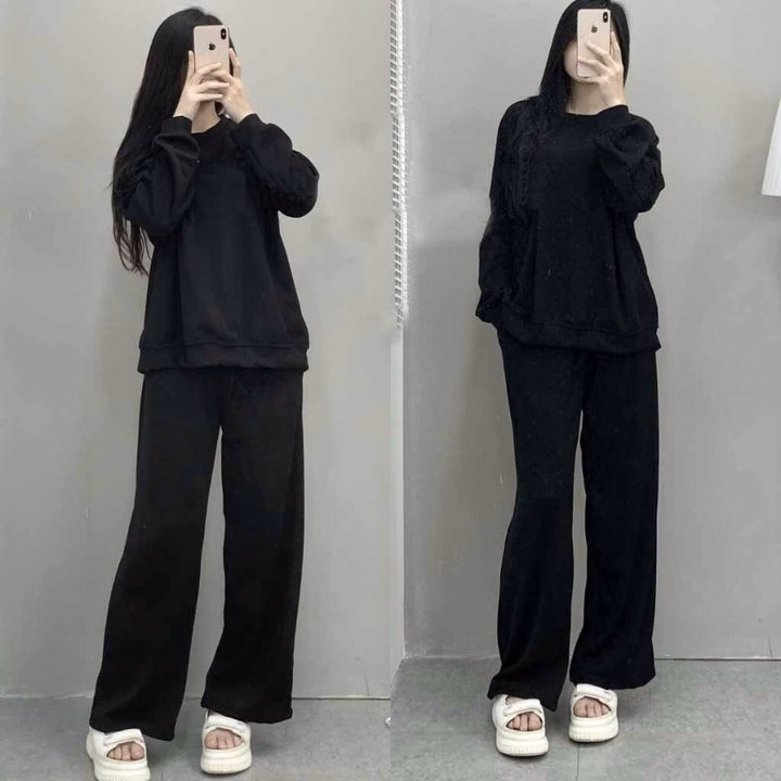 Set Đồ Nữ Thun Nỉ Tăm Áo Dài Tay Phối Quần Dài Suông - Ausa House - Ảnh 2