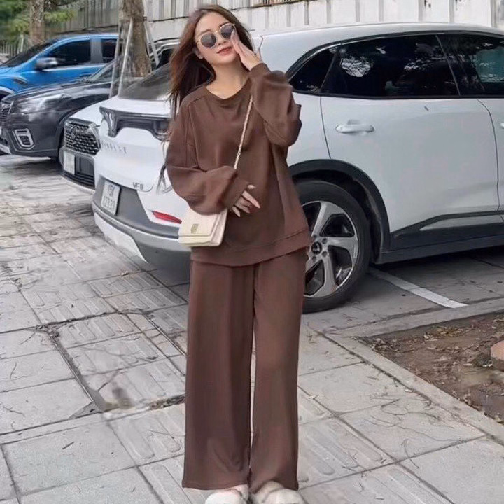 Set Đồ Nữ Thun Nỉ Tăm Áo Dài Tay Phối Quần Dài Suông - Ausa House - Ảnh 6