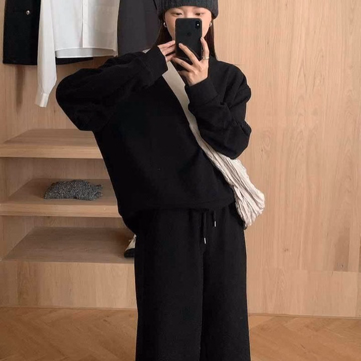 Set Đồ Nữ Thun Nỉ Tăm Áo Dài Tay Phối Quần Dài Suông - Ausa House - Ảnh 10