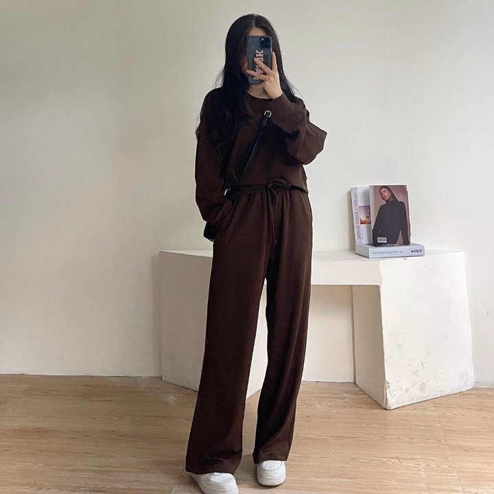 Set Đồ Nữ Thun Nỉ Tăm Áo Dài Tay Phối Quần Dài Suông - Ausa House - Ảnh 14