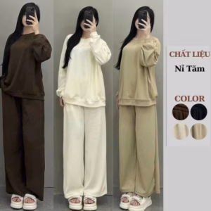 Set Đồ Nữ Thun Nỉ Tăm Áo Dài Tay Phối Quần Dài Suông - Ausa House