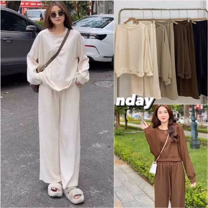 Set Đồ Nữ Thun Nỉ Tăm Áo Dài Tay Phối Quần Dài Suông - Ausa House - Ảnh 17