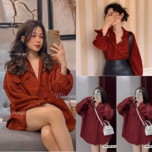 Áo Sơ Mi Nhung Tăm Đỏ Phong Cách Hàn Quốc Siêu Xinh