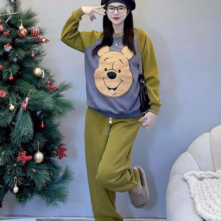 Bộ Đồ Thun Nữ Cotton Co Dãn In Hình Chú Gấu Trước Thân Áo - Htm Fashion - Ảnh 4