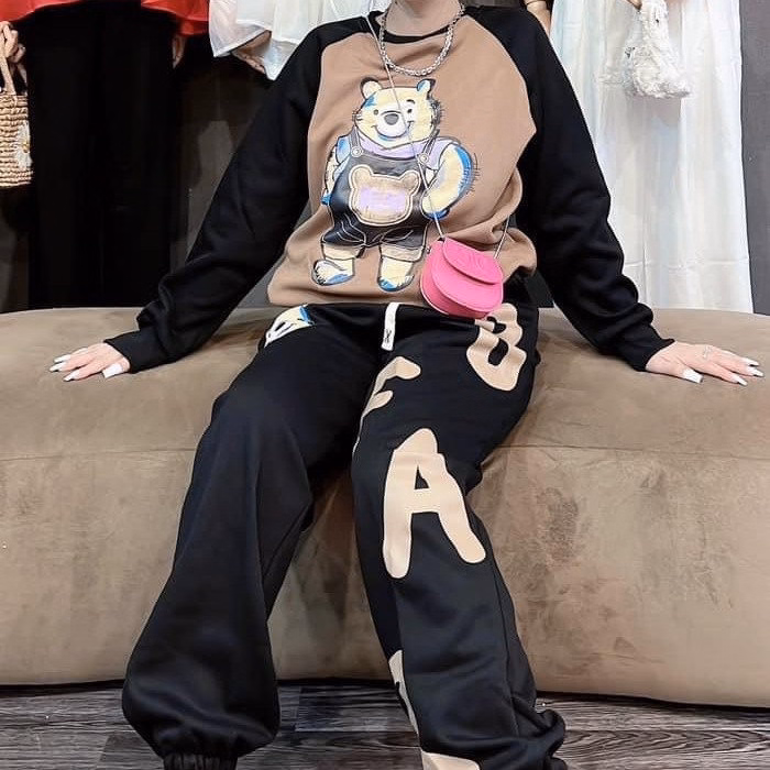 Bộ Đồ Thun Nữ Nỉ Vải Co Dãn Cotton In Hình Chú Gấu Thời Trang - Htm Fashion - Ảnh 3