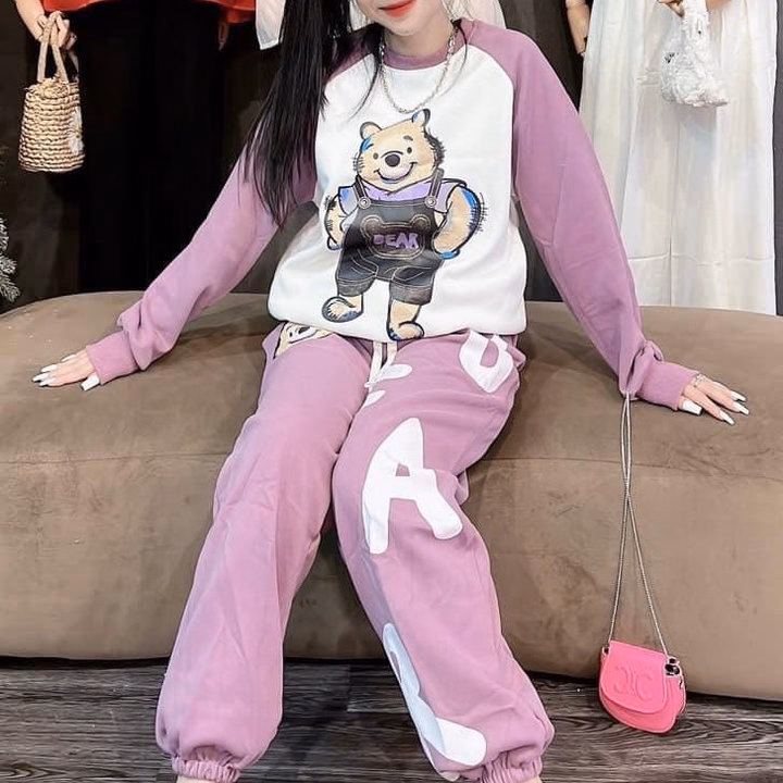 Bộ Đồ Thun Nữ Nỉ Vải Co Dãn Cotton In Hình Chú Gấu Thời Trang - Htm Fashion - Ảnh 4