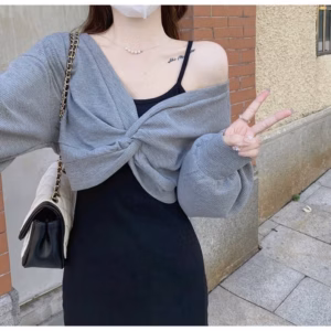 Áo Khoác Dài Soắn Hình Nơ Màu Xám Dài Tay Chất Thun Tăm Lạnh Hàn Quốc