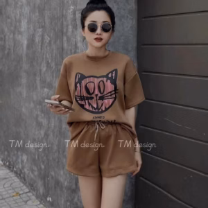 Bộ Đồ Thun Nữ Đùi Ngắn Co Dãn Cotton In Hình Chú Mặt Mèo Siêu Cutee - Htm Fashion