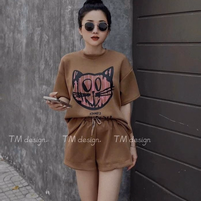 Bộ Đồ Thun Nữ Đùi Ngắn Co Dãn Cotton In Hình Chú Mặt Mèo Siêu Cutee - Htm Fashion