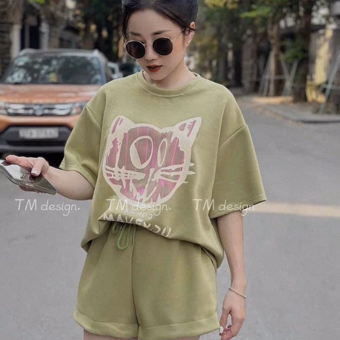 Bộ Đồ Thun Nữ Đùi Ngắn Co Dãn Cotton In Hình Chú Mặt Mèo Siêu Cutee - Htm Fashion - Ảnh 3