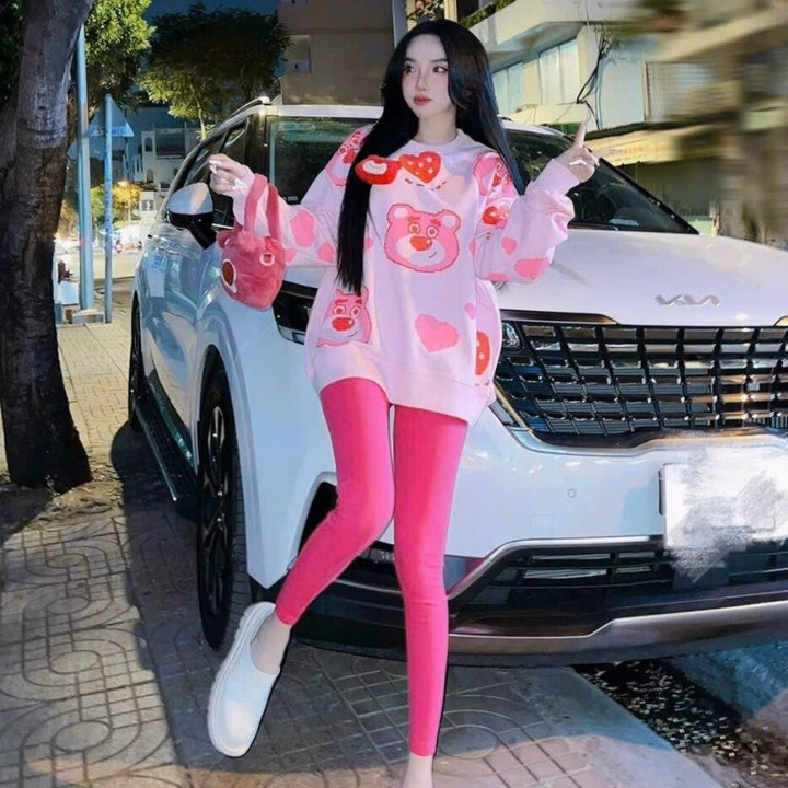 Bộ Đồ Thun Nữ Co Dãn Cotton In Hình Chú Gấu Hồng Siêu Dễ Thương - Htm Fashion - Ảnh 2