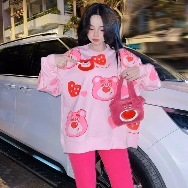 Bộ Đồ Thun Nữ Co Dãn Cotton In Hình Chú Gấu Hồng Siêu Dễ Thương - Htm Fashion - Ảnh 4